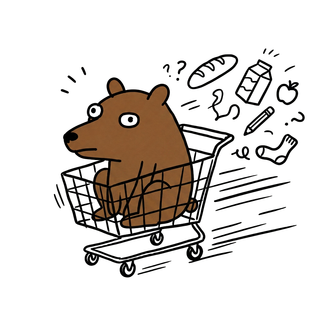 BER riding fast in a shopping cart surrounded by flying groceries