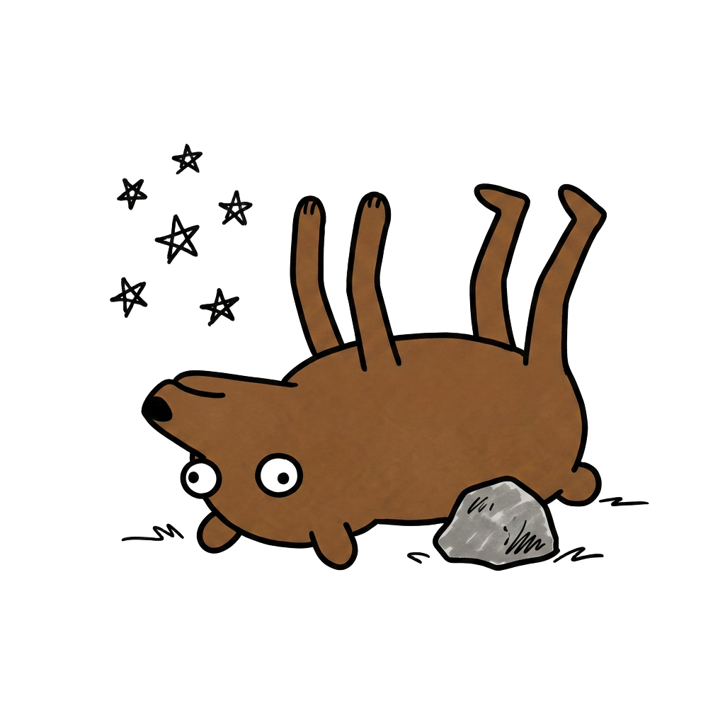 BER flipped upside down next to a rock, stars around its head