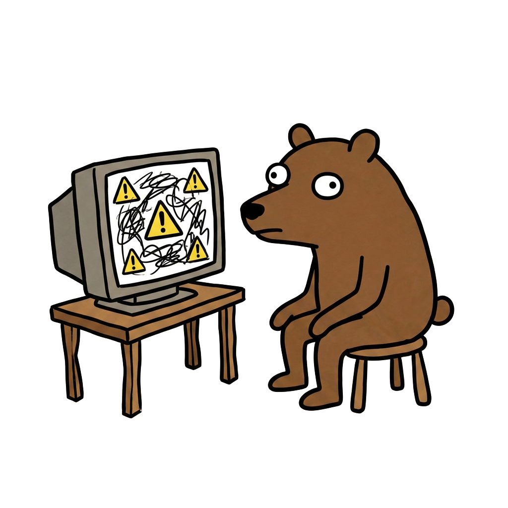 BER sitting on a stool watching a broken TV full of warning signs